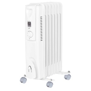 Fehér Karup 1500 W-os olajradiátor kerekekkel, termosztáttal és fűtési beállításokkal elektromos fűtőberendezésekhez.