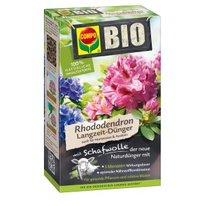 Compo Bio Rhododendron hosszantartó műtrágya gyapjúval, 750g-os csomag rododendron virágokkal.