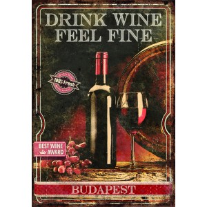 Dekoratív kép: Borosüveg, pohár, szőlő és hordó vintage motívumon, Budapest felirattal.