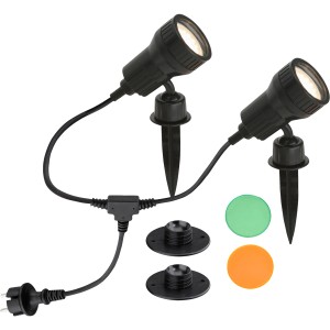 Briloner LED kerti reflektor földbe szúrható cövekkel, 2 darabos készlet, színszűrőkkel a hangulatos kerti világításhoz.