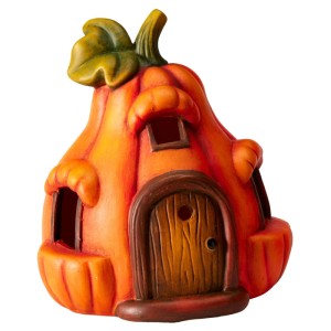 Narancssárga terrakotta tök ház LED világítással, dekorációs figura őszre és Halloweenre.