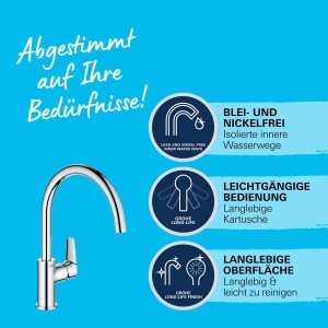 Grohe QuickFix Start Edge mosogató csaptelep magas kifolyóval és króm felülettel.