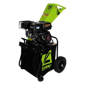 Zöld-fekete Zipper benzines ágaprító ZI-HAEK2120 4,1 kW-os motorral, gyűjtőzsákkal és kerekekkel.