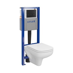 Fali WC szett tartállyal és kék szerelőkerettel.