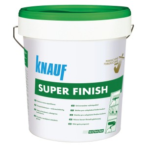 Vödör Knauf Super Finish finomglett, 20 kg, használatra kész sima falakhoz.