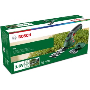 Bosch Isio akkus fű- és cserjévágó készlet, késekkel a dobozban.