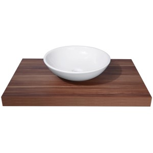 Kerek, fehér kerámia mosdótál (Ø 42 cm) fa pulton.