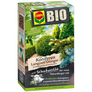 Compo Bio hosszantartó hatású tűlevelű trágya gyapjúval, csomagolás tűlevelű motívummal és juh illusztrációval.