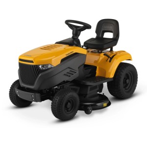 Sárga t.b.t. fűnyíró traktor.