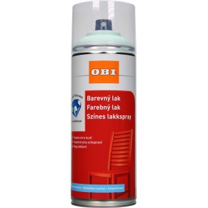Színes spray festék, alkalmas festési munkákhoz. Piros címkével és átlátszó fedéllel ellátott doboz.