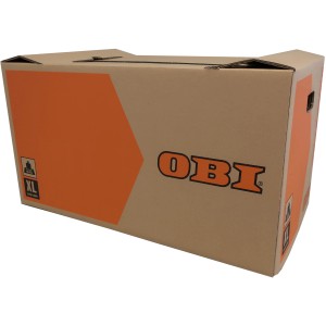 OBI költöztető doboz XL, 126 l, barna, narancssárga nyomattal és fogantyúkkal.