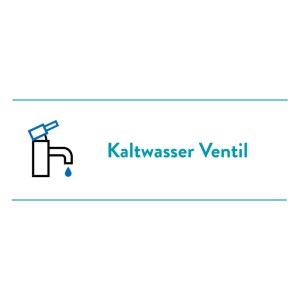 Hidegvíz szelep ikon: stilizált csap vízcseppel és 'Kaltwasser Ventil' felirattal.