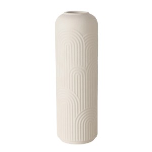Bézs-fehér Boltze Home Aliette váza, 25 cm magas, modern bordázott mintával.