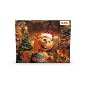 OBI szerszám adventi naptár műhely jelenettel és OBI hód Mikulás sapkában.