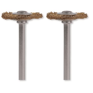 Két Dremel 19 mm-es sárgaréz kefe kerek, arany sörtékkel és fém szárral miniszerszámokhoz.
