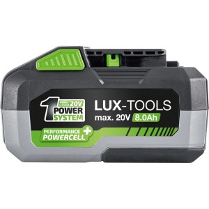 LUX-TOOLS AK-20/8.0 akkumulátor, 20V 8Ah az 1 PowerSystem elektromos kéziszerszámokhoz. Szürke és zöld design.