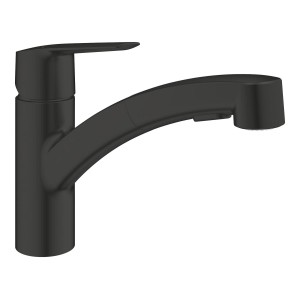 Grohe QuickFix Start fekete mosogató csaptelep kihúzható zuhanyfejjel.