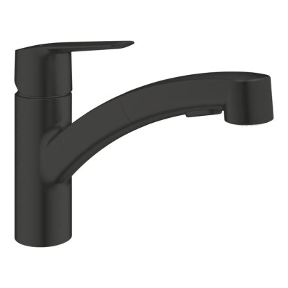 Grohe QuickFix Start fekete mosogató csaptelep kihúzható zuhanyfejjel.