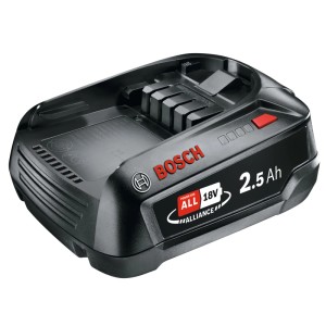 Fekete Bosch 18V 2,5 Ah csereakkumulátor elektromos szerszámokhoz, POWER FOR ALL ALLIANCE logóval és töltésjelzővel.