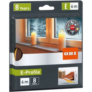 OBI Ajtó/ablak tömítés E-profil, barna gumi tömítés 1-3,5 mm résekhez, 6 m tekercs.