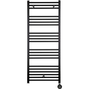 Fekete matt Winterberg elektromos fürdőszobai radiátor, 600 W, 120x60 cm, termosztáttal és vízszintes rudakkal.