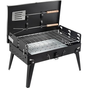 Összecsukható fekete kemping faszenes grill grillráccsal és tartozékokkal.