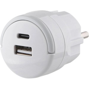 Fehér, kerek USB adapter USB-A és USB-C porttal a gyors töltéshez.