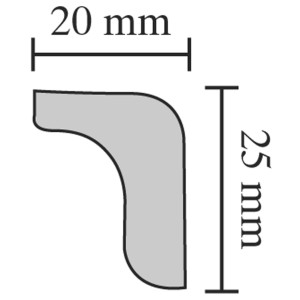 Profil keresztmetszete: Díszprofil, 20 x 25 mm. Ideális mennyezet- és faldesignhoz.