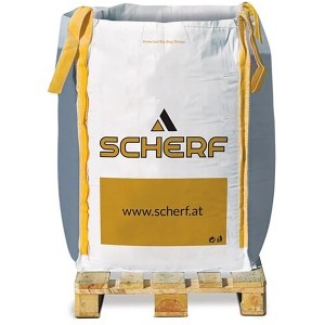 Big-bag természetes faforgáccsal, 0-50 mm, 1000 l, raklapon. Ömlesztett áru kerthez és tájhoz.