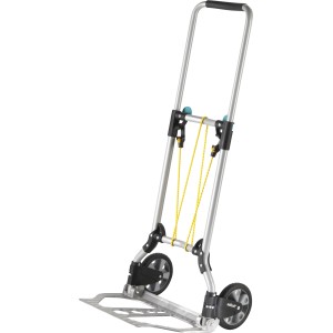 Összecsukott wolfcraft TS 600 alumíniumból készült molnárkocsi, építőipari szállító eszköz.