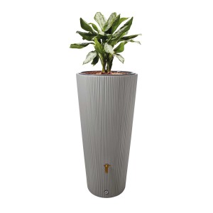 4rain VASO DECOR esővíztároló horgany szürke színben, növénnyel. Modern esővízgyűjtő hordó 220 literes térfogattal.
