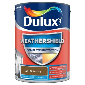 Sötétbarna Dulux Weathershield homlokzatfesték vödörben.