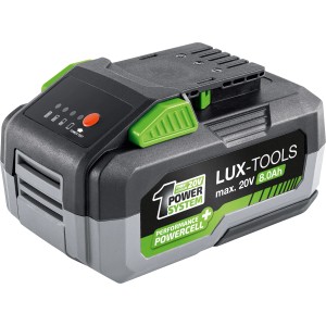 LUX-TOOLS AK-20/8.0 akkumulátor, 20 V, 8 Ah az 1 PowerSystem elektromos szerszámokhoz. Nagy teljesítmény és hosszú üzemidő.