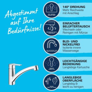 Grohe QuickFix Start Eco króm mosogató csaptelep, oldalnézet. Forgatható kifolyócsöves mosdócsaptelep.