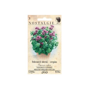 Oregano 'Nostalgie' vetőmag csomagolása: Fűszernövény magok virágzó növénnyel.