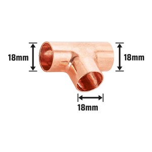 Réz forrasztó T-idom, Ø 18 mm, rézcsövek tartós összekötéséhez.