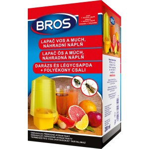BROS darázscsapda csalogatóanyaggal, sárga csapda gyümölcsös csomagoláson.