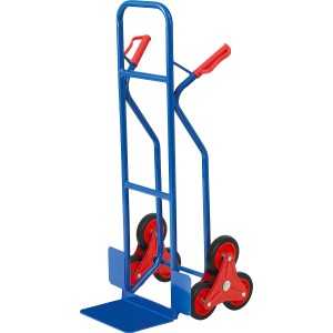 Kék Pro-Bau-Tec acél lépcsőjáró talicska piros fogantyúkkal és kerekekkel, 150 kg teherbírással.