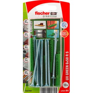 Fischer UX Green 6x50 RS tiplik, 10 darabos csomag. Univerzális tiplik a biztonságos rögzítéshez.