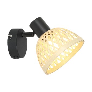 Modern LED spotlámpa bambusz lámpabúrával és fekete tartóval.