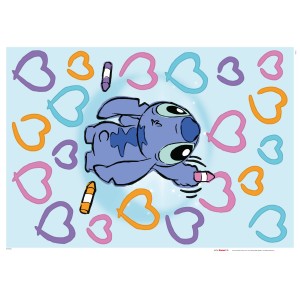Komar Deko-Sticker Stitch Artist: Stitch színes szívekkel és ceruzákkal körülvéve.