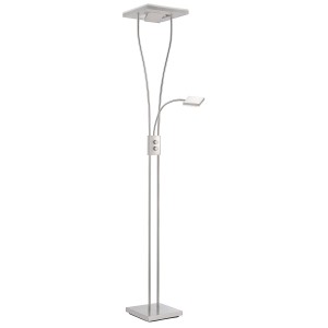 Modern, szálcsiszolt acél Helia LED állólámpa olvasólámpával, magasság 187-197,5 cm.