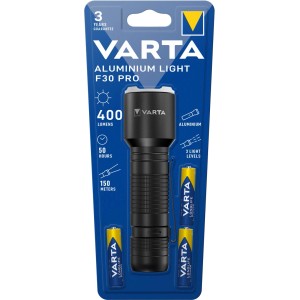 Varta Aluminium Light F30 Pro zseblámpa elemekkel, csomagolva.