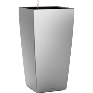 Lechuza Cubico Premium virágtartó, 50 cm, metál ezüst. Műanyag virágoszlop öntözőrendszerrel.