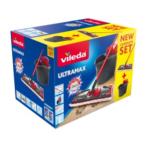 Vileda UltraMax felmosó szett dobozban, felmosóval, nyéllel, huzattal és vödörrel.
