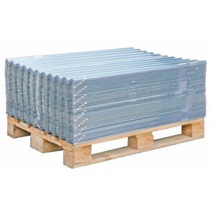 Átlátszó PVC hullámlemez Sinus 76/18 (80x120cm) köteg raklapon, műanyag tetőfedéshez.