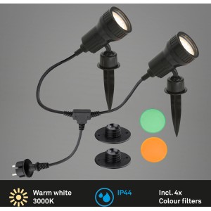 Briloner LED kerti reflektor földbe szúrható cövekkel, szín szűrőkkel a hangulatos kerti világításhoz.
