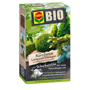Compo Bio hosszú hatású tűlevelű trágya gyapjúval, 2 kg-os csomag az egészséges, zöld tűlevelűekért.
