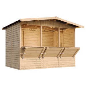 Timbela fa piaci bódé, 6,03 m², három pulttal. Kerti ház nyeregtetővel.