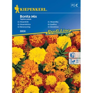'Bonita Mix' Tagetes patula magkeverék, bársonyvirágok sárga, narancs és piros színben.